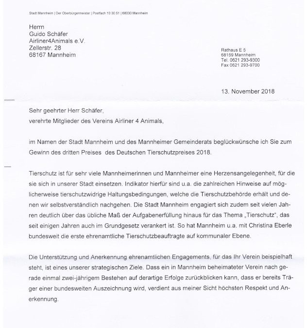 Brief des Oberbürgermeisters der Stadt Mannheim Dr. Peter Kurz