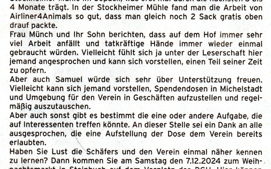 Hühnerfutter für über den Winter als Überraschung für den Gnadenhof Da sein für Tiere e.V. – Erbach Michelstadt aktuell November 2024