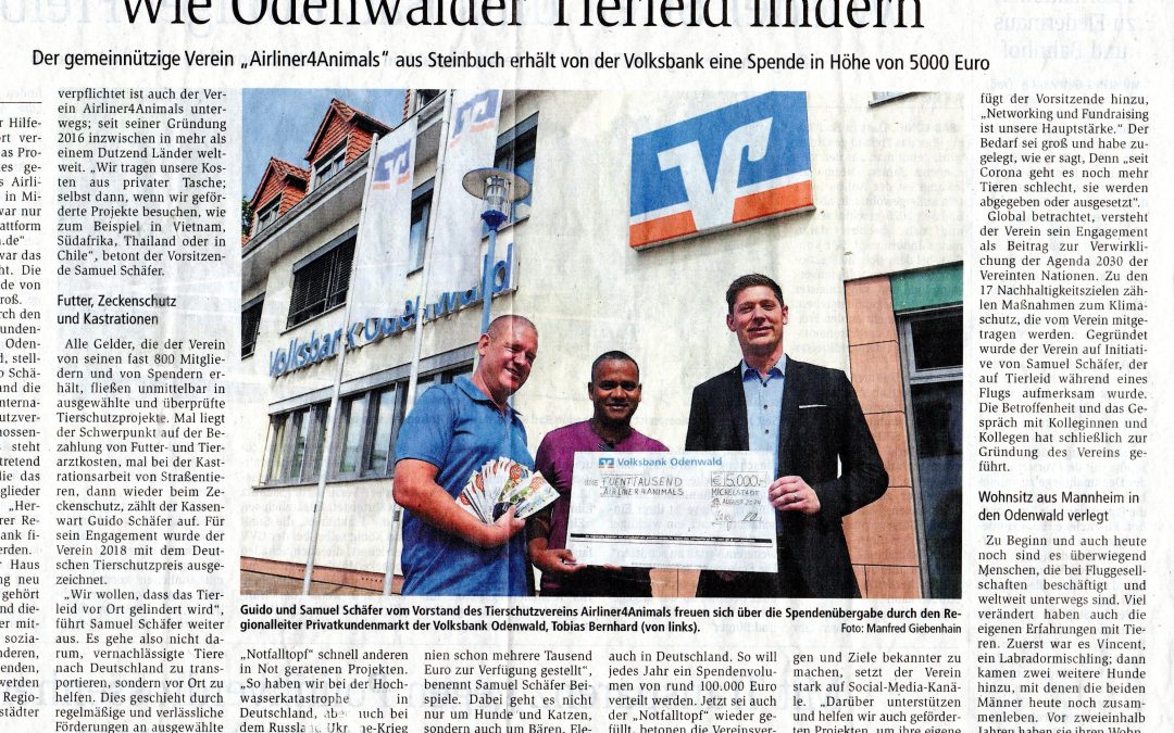 Volksbank unterstützt unseren Notfalltopf mit 5000 Euro – Odenwälder Echo September 2024