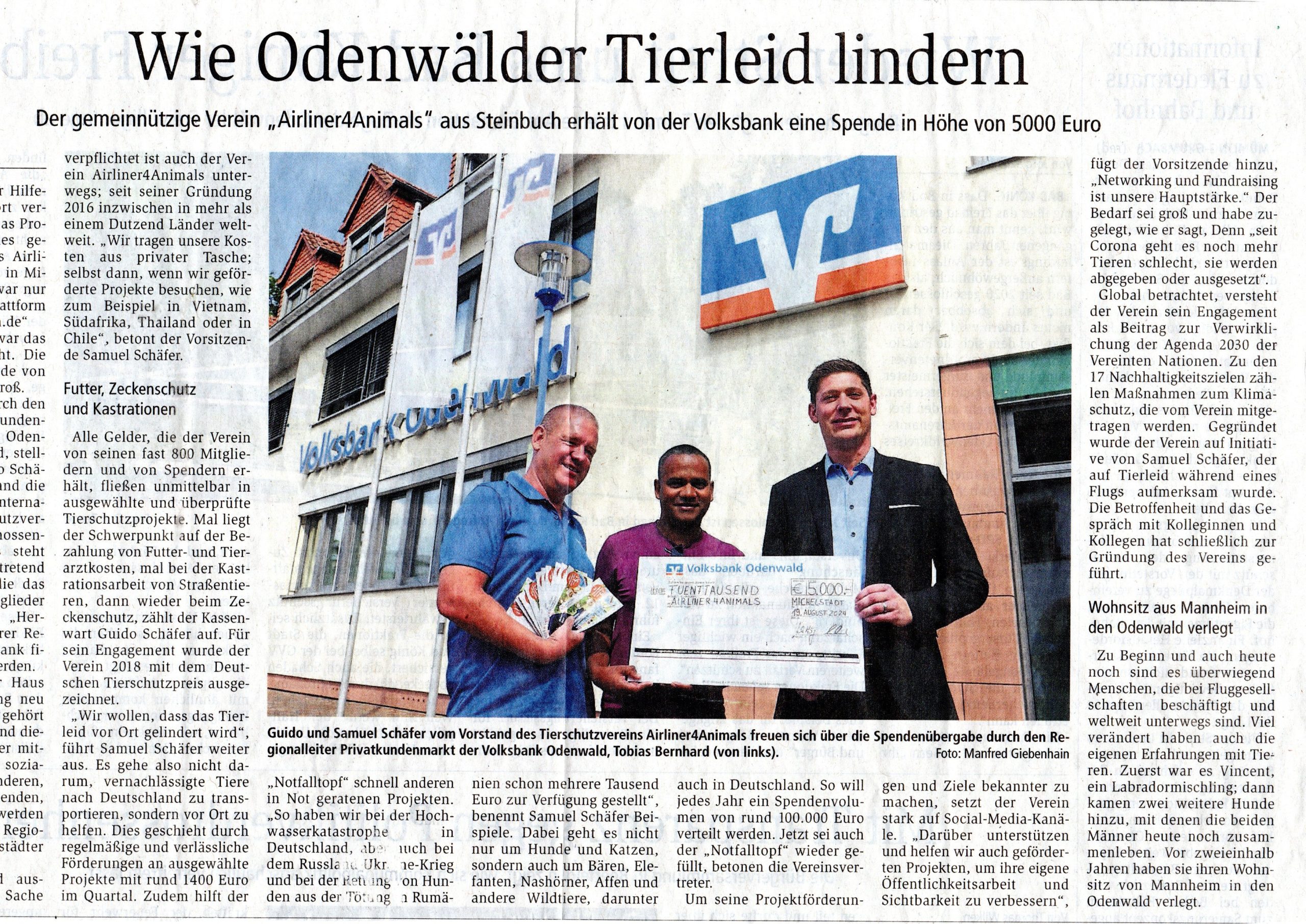 Volksbank unterstützt unseren Notfalltopf mit 5000 Euro – Odenwälder Echo September 2024